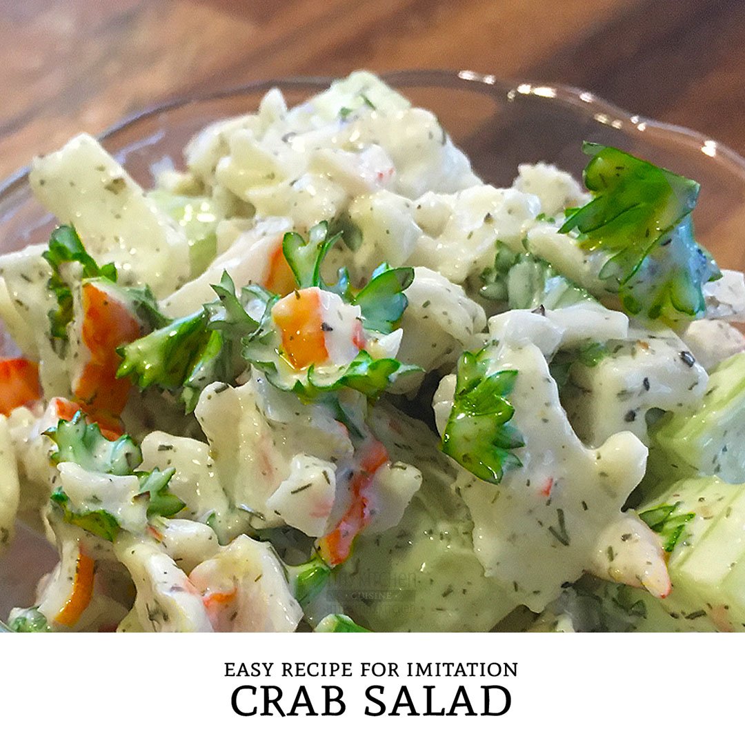 This easy Imitation Crab Salad recipe is a tasty seafood salad that is low in calories and packs a nice crunch. | Tiny Kitchen Cuisine | https://tiny.kitchen