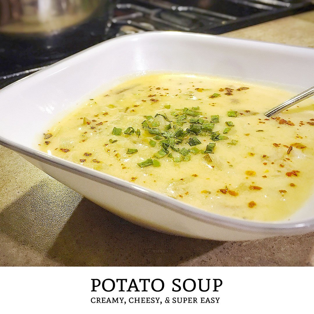 A vegetarian soup recipe that is filling! Cook up this easy potato soup recipe and you'll be eating creamy potato cheese soup in less than an hour! | Tiny Kitchen Cuisine | https://tiny.kitchen
