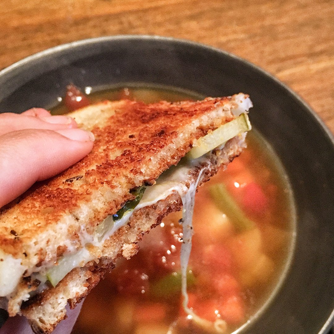 Recipe for a Deli-Style Grilled Cheese Sandwich with Provolone Cheese, Dill Pickles, and Mustard on Rye Bread. | Tiny Kitchen Cuisine | https://tiny.kitchen/